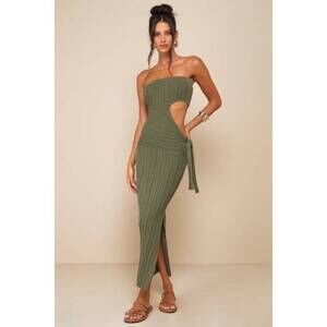 NWT Lulus Serene Chicness Olive Green Ribbed Cutout Sweater Midi Dress - Size M